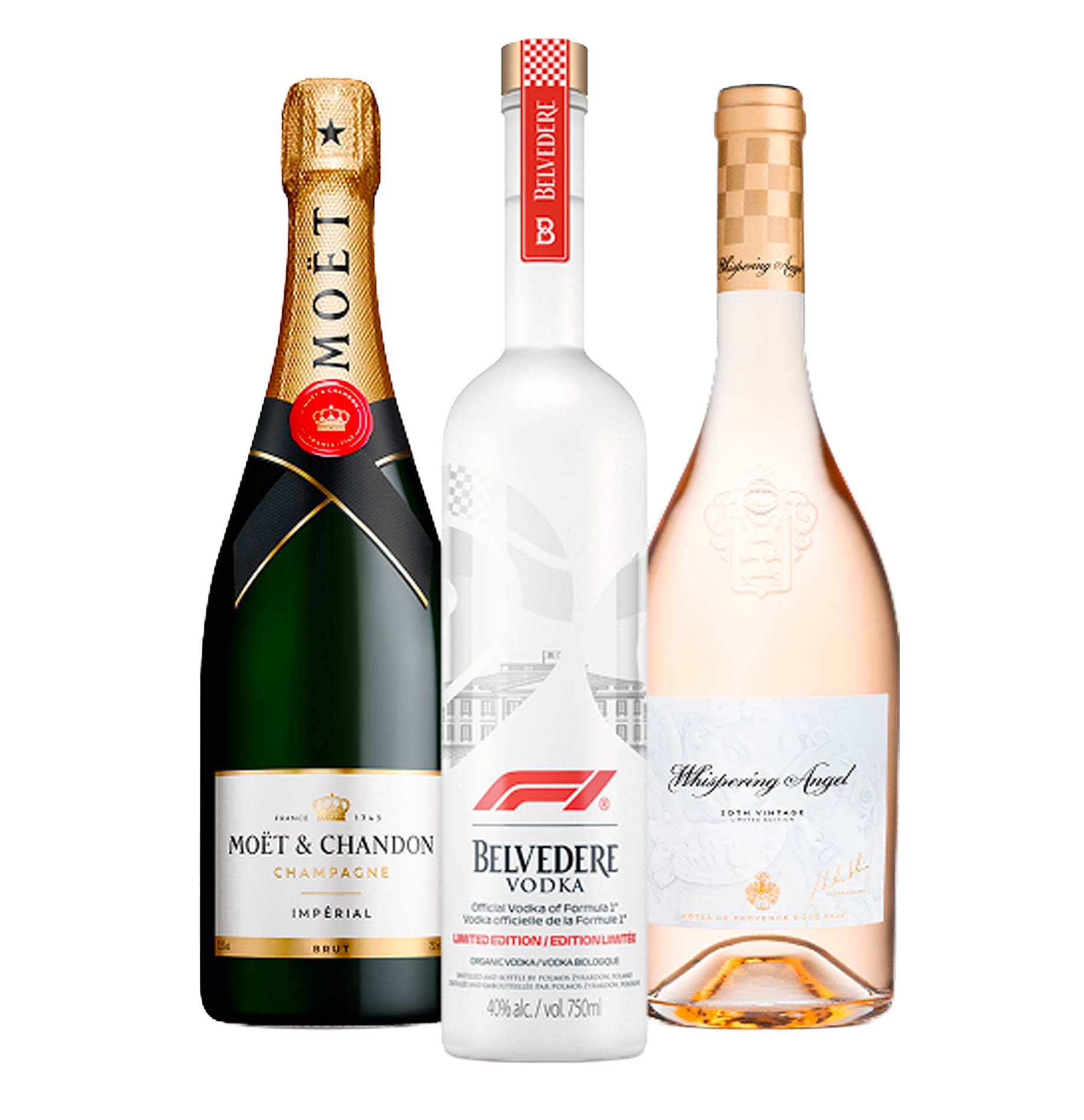 Tannico racing offer: Moët Impérial, Belvedere Organic Vodka F1® Limited Edition, Whispering Angel (3 bottiglie)