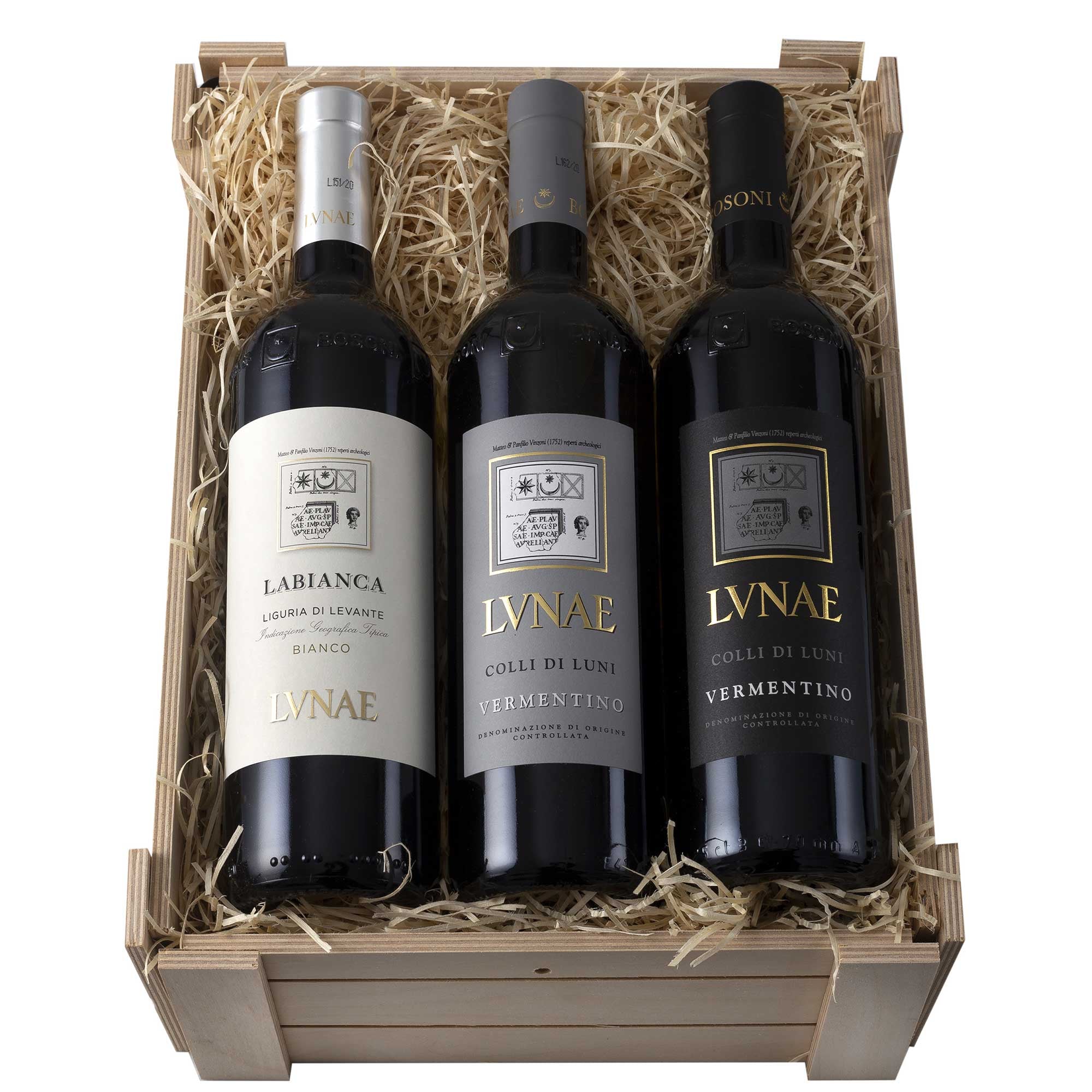 Colli di Luni Vermentino DOC "Etichetta Nera" 2025 + Colli di Luni Vermentino DOC "Etichetta Grigia" 2025 + Liguria di Levante Bianco IGT "Labianca" 2025 - Lunae (cassetta di legno)