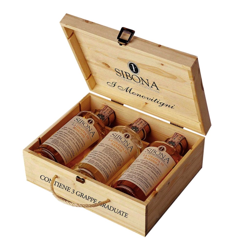 Grappa di Barbera + Grappa di Arneis + Grappa di Moscato - Sibona (0.5l - cassetta di legno)
